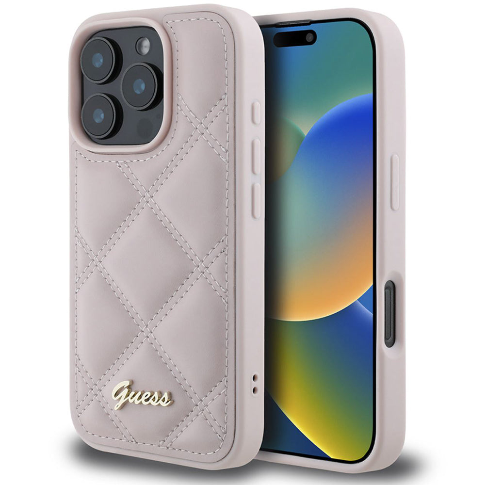 Étui pour Apple iPhone 16 Pro, Guess, Logo Métallique Matelassé, Rose