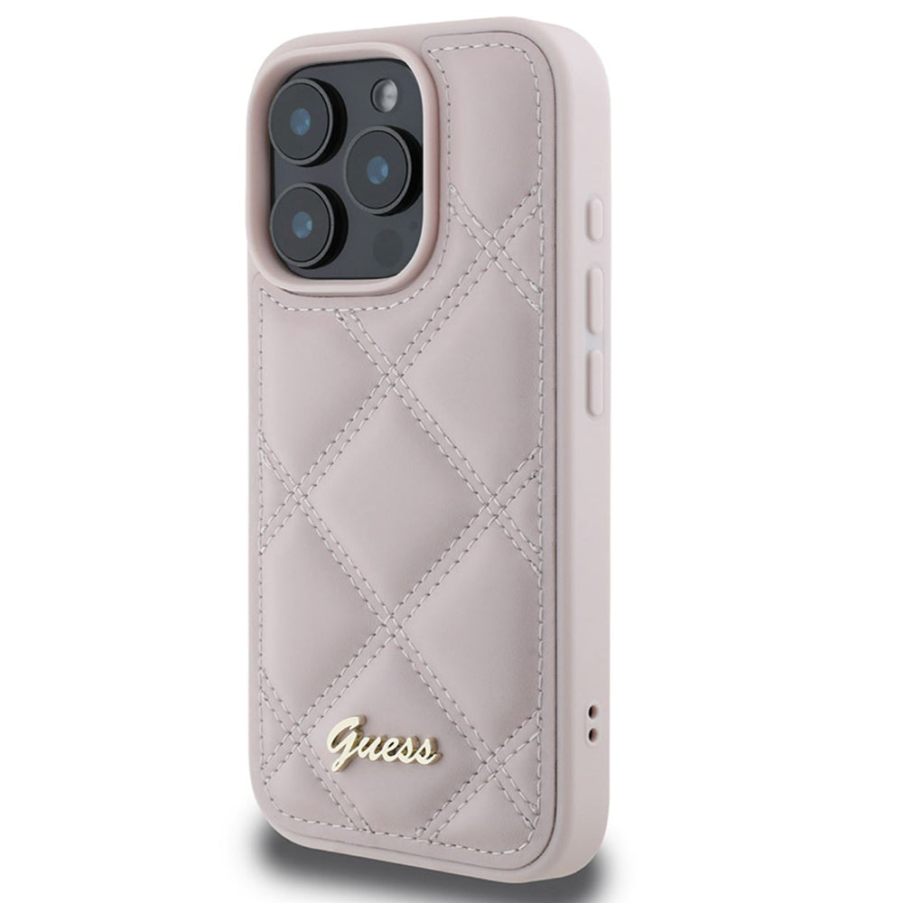 Étui pour Apple iPhone 16 Pro, Guess, Logo Métallique Matelassé, Rose