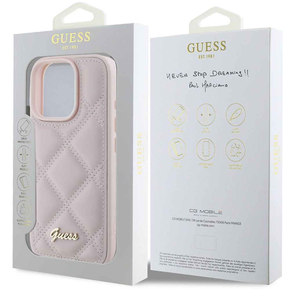 Étui pour Apple iPhone 16 Pro, Guess, Logo Métallique Matelassé, Rose