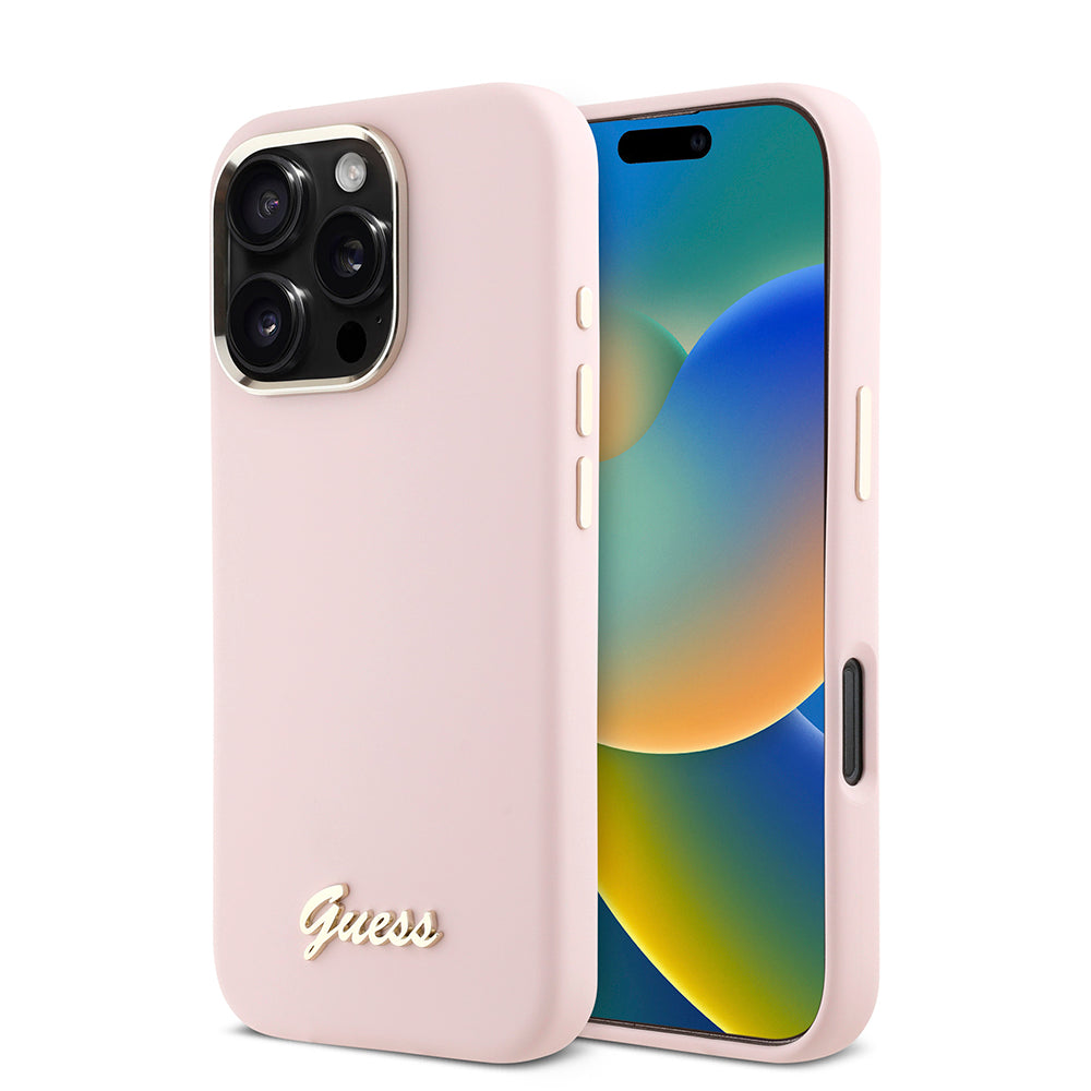 Étui pour Apple iPhone 16 Pro, Guess, Script Metal Logo & Frame, Rose
