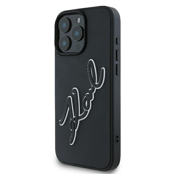 Étui pour Apple iPhone 16 Pro, Karl Lagerfeld, Signature en Caoutchouc 3D, Noir