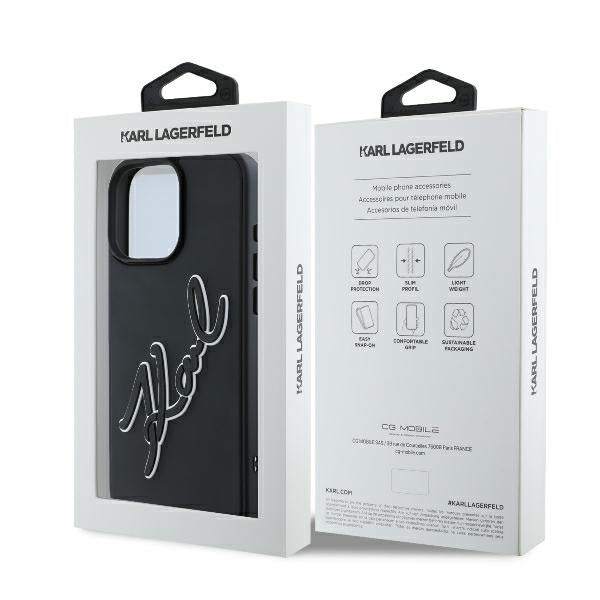 Étui pour Apple iPhone 16 Pro, Karl Lagerfeld, Signature en Caoutchouc 3D, Noir