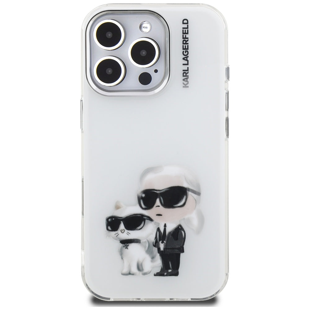 Étui pour Apple iPhone 16 Pro, Karl Lagerfeld, IML Aquarelle Logo Karl & Choupette, Blanc