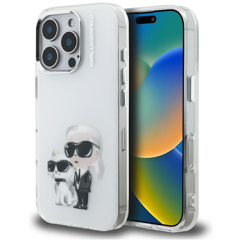 Étui pour Apple iPhone 16 Pro, Karl Lagerfeld, IML Aquarelle Logo Karl & Choupette, Blanc