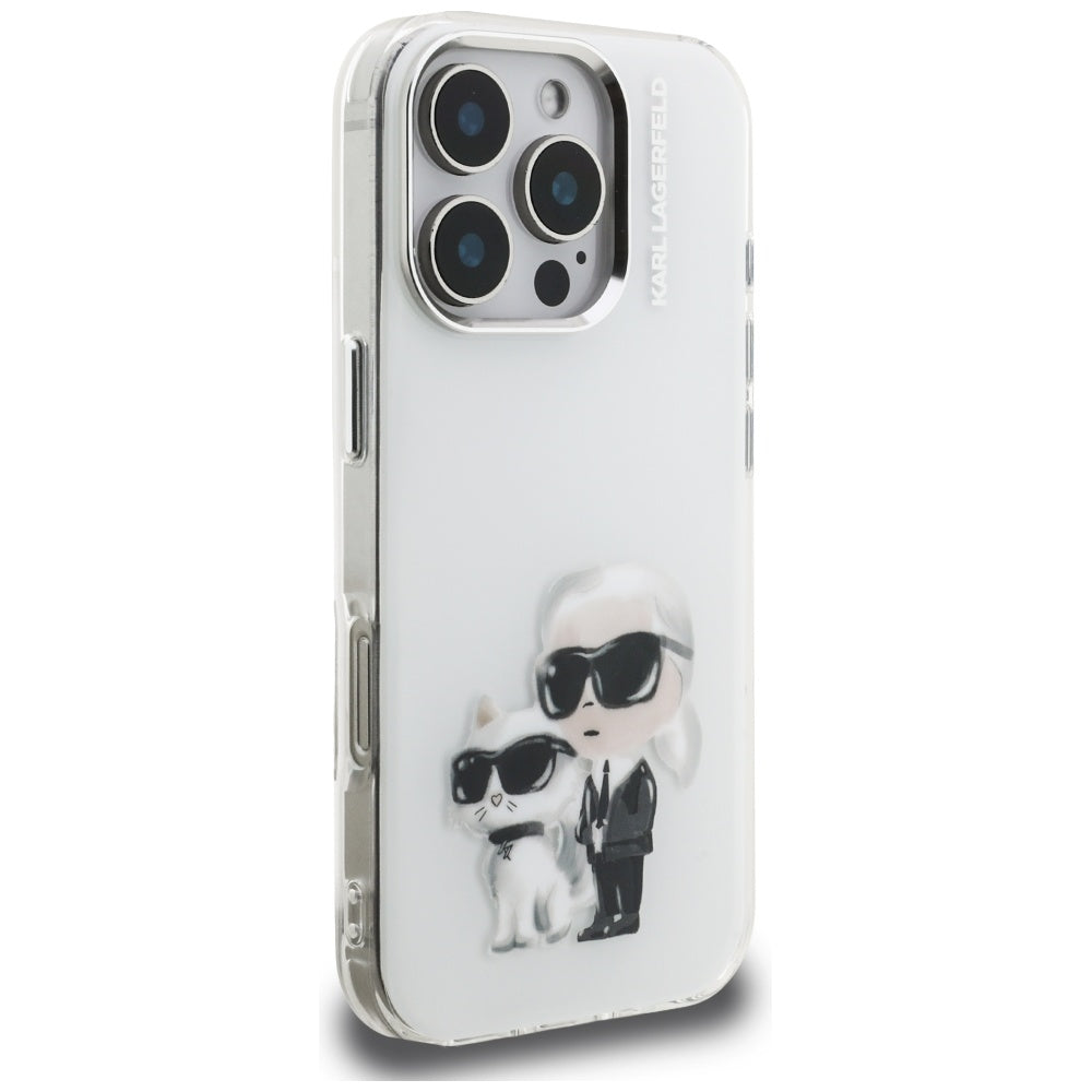 Étui pour Apple iPhone 16 Pro, Karl Lagerfeld, IML Aquarelle Logo Karl & Choupette, Blanc