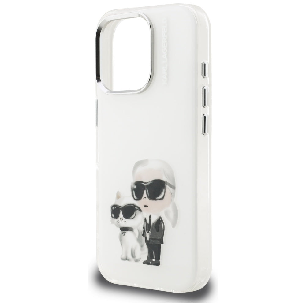 Étui pour Apple iPhone 16 Pro, Karl Lagerfeld, IML Aquarelle Logo Karl & Choupette, Blanc