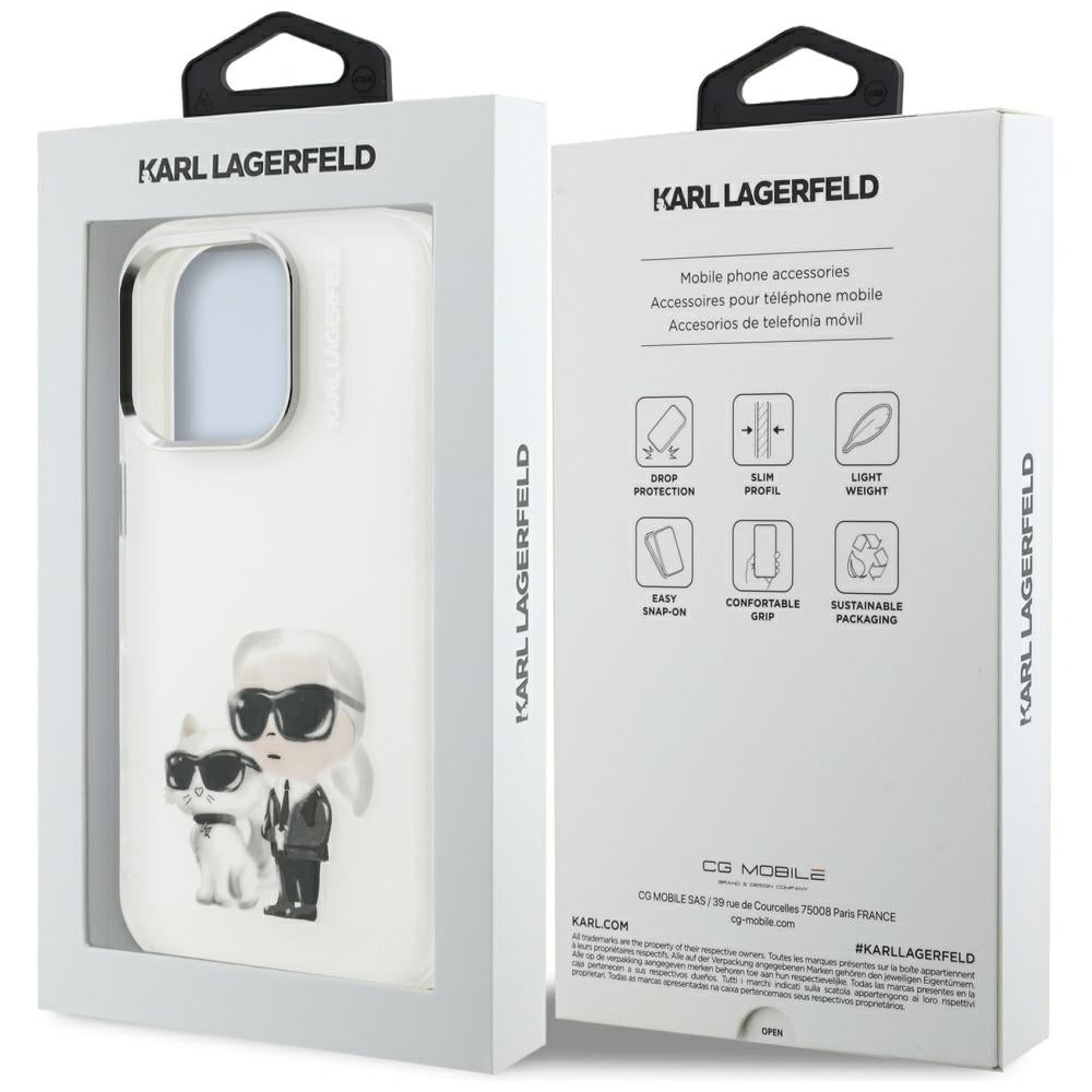 Étui pour Apple iPhone 16 Pro, Karl Lagerfeld, IML Aquarelle Logo Karl & Choupette, Blanc