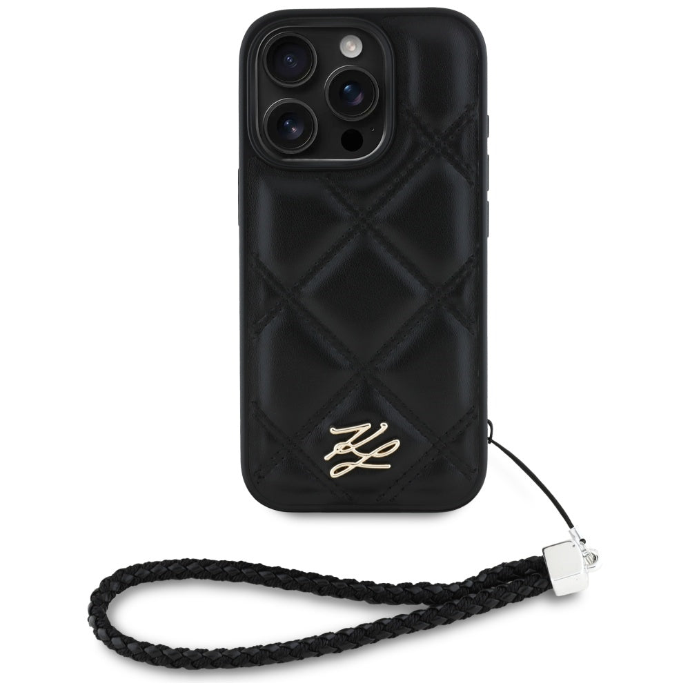 Housse pour Apple iPhone 16 Pro, Karl Lagerfeld, Logo Initial Matelassé & Bandoulière Chaîne, Noire
