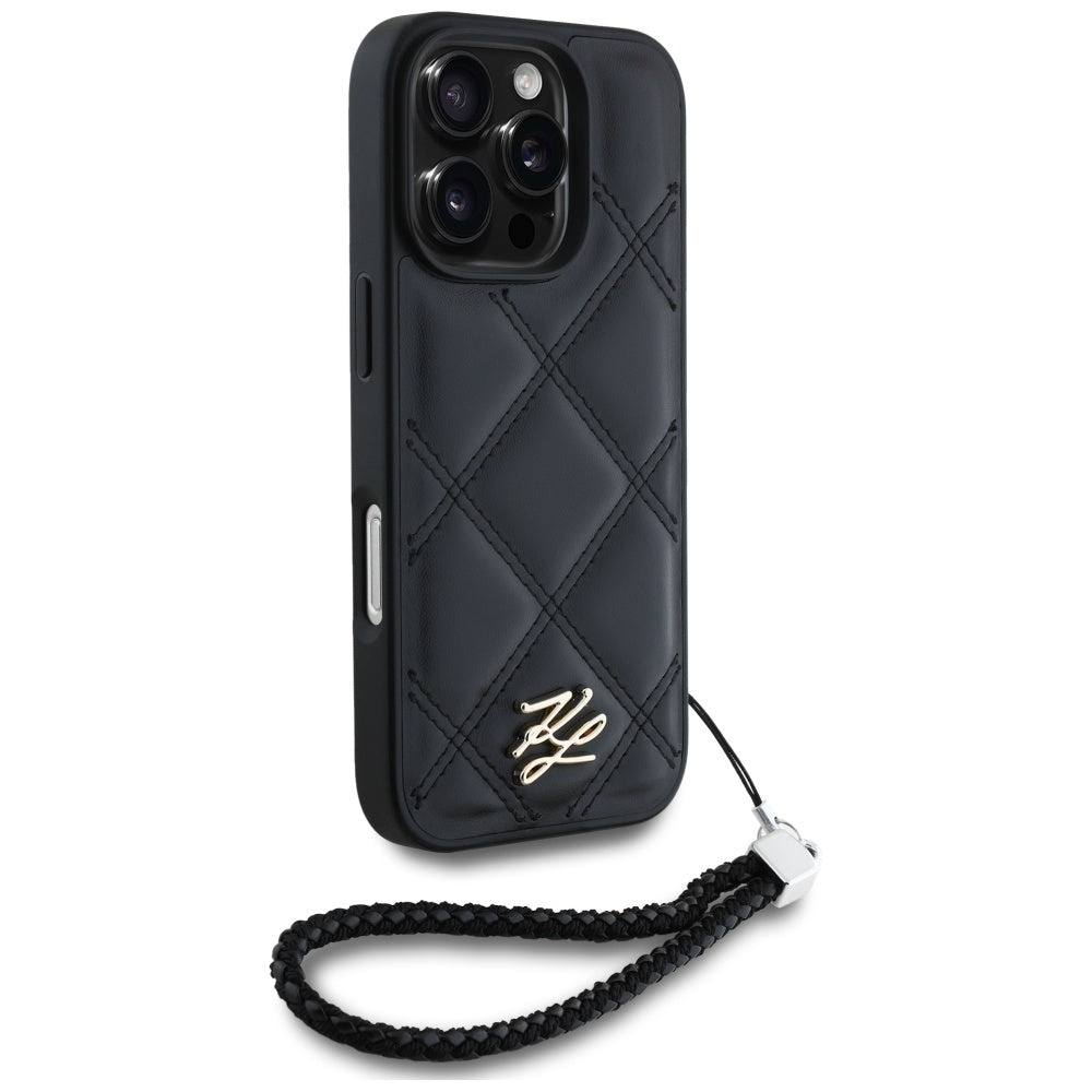 Housse pour Apple iPhone 16 Pro, Karl Lagerfeld, Logo Initial Matelassé & Bandoulière Chaîne, Noire