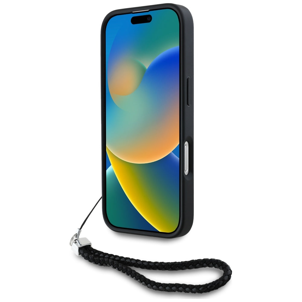 Housse pour Apple iPhone 16 Pro, Karl Lagerfeld, Logo Initial Matelassé & Bandoulière Chaîne, Noire