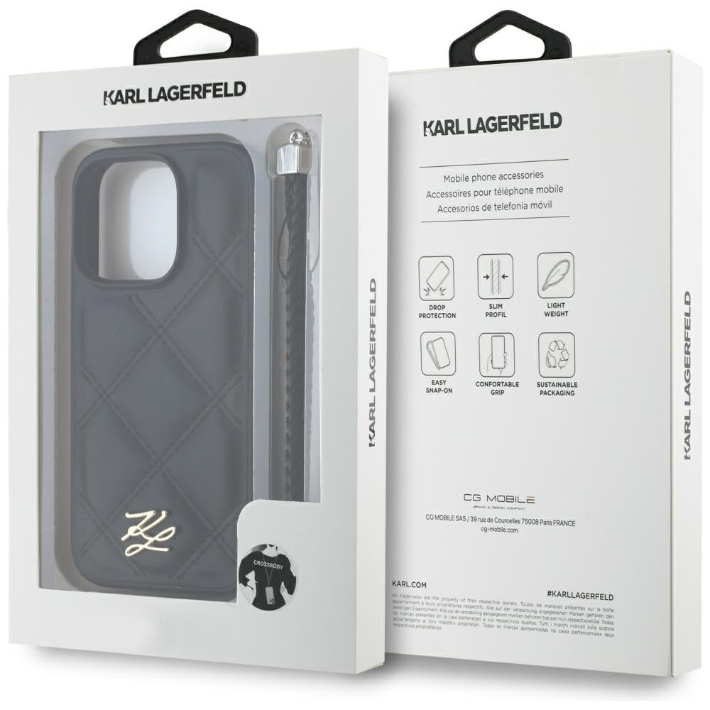 Housse pour Apple iPhone 16 Pro, Karl Lagerfeld, Logo Initial Matelassé & Bandoulière Chaîne, Noire