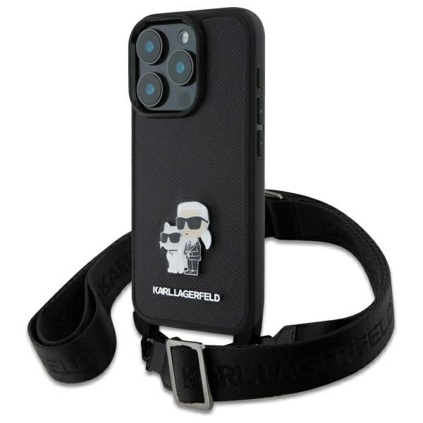 Étui pour Apple iPhone 16 Pro, Karl Lagerfeld, Saffiano Crossbody Metal Pin Karl & Choupette, Noir