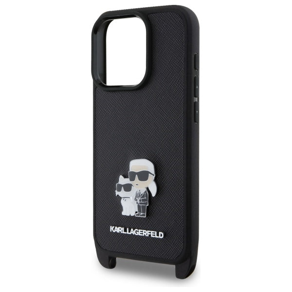 Étui pour Apple iPhone 16 Pro, Karl Lagerfeld, Saffiano Crossbody Metal Pin Karl & Choupette, Noir