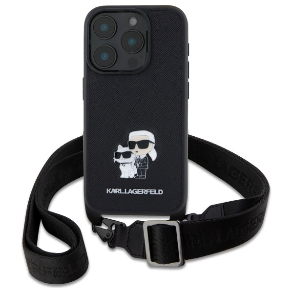 Étui pour Apple iPhone 16 Pro, Karl Lagerfeld, Saffiano Crossbody Metal Pin Karl & Choupette, Noir