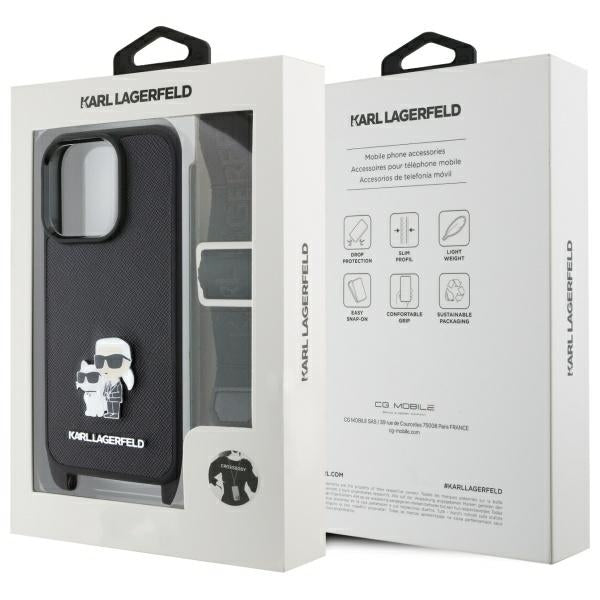 Étui pour Apple iPhone 16 Pro, Karl Lagerfeld, Saffiano Crossbody Metal Pin Karl & Choupette, Noir