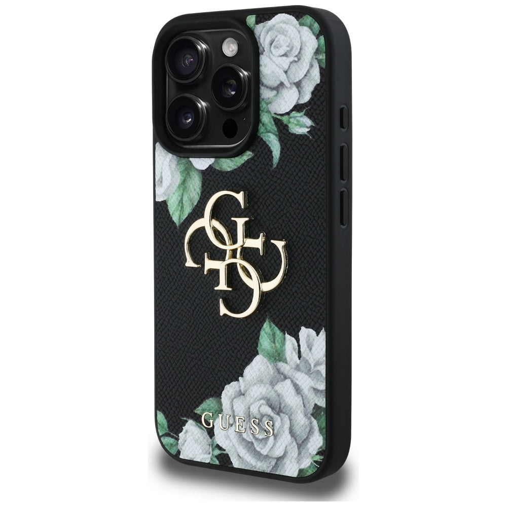 Étui pour Apple iPhone 16 Pro Max, Guess, 4G Grained Roses Big Logo, Noir