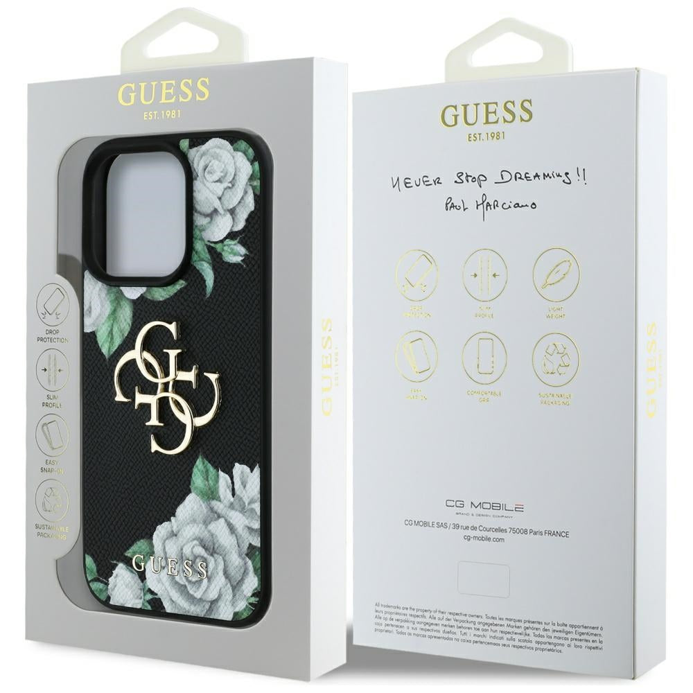 Étui pour Apple iPhone 16 Pro Max, Guess, 4G Grained Roses Big Logo, Noir