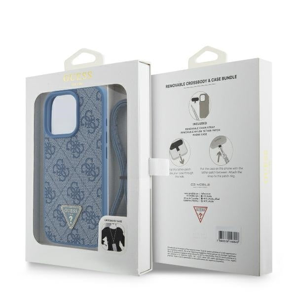 Housse pour Apple iPhone 16 Pro Max, Guess, Crossbody 4G Triangle Strass, Bleue