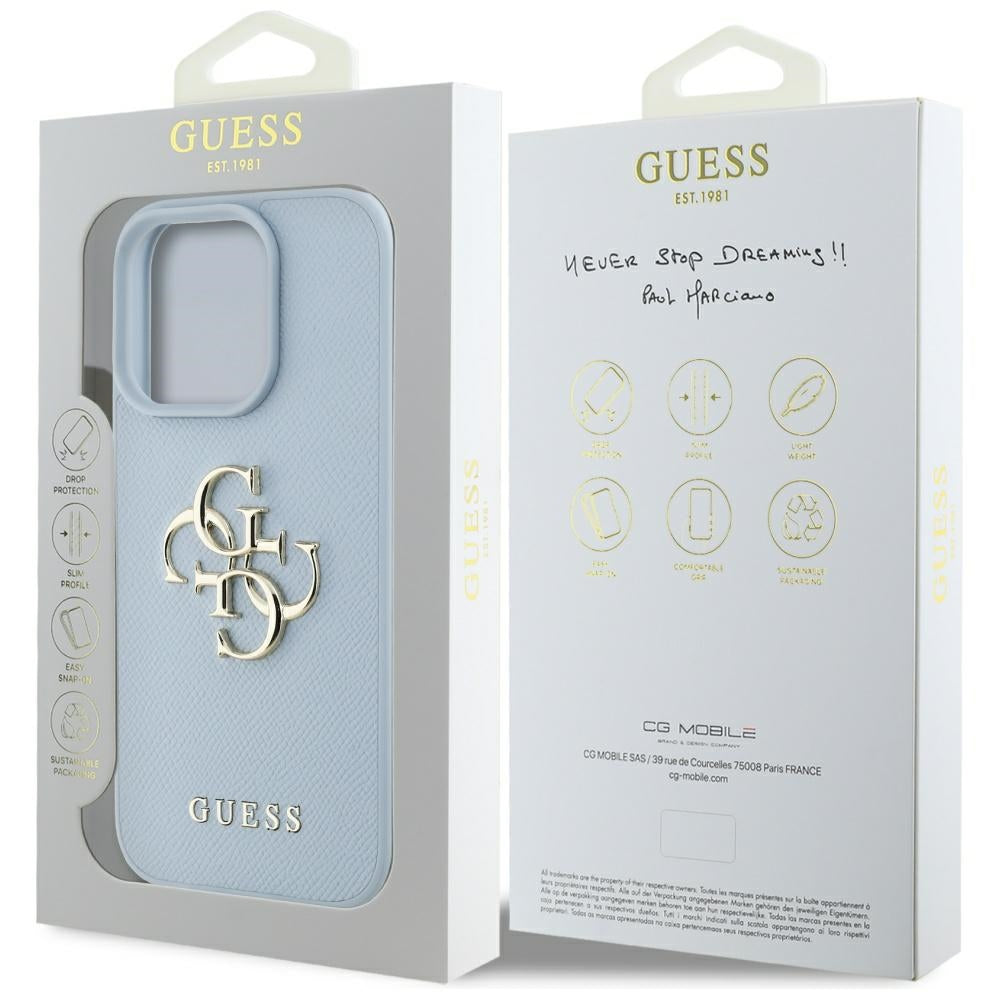Étui pour Apple iPhone 16 Pro Max, Guess, Grained Big 4G Logo Small Classic Logo, Bleu