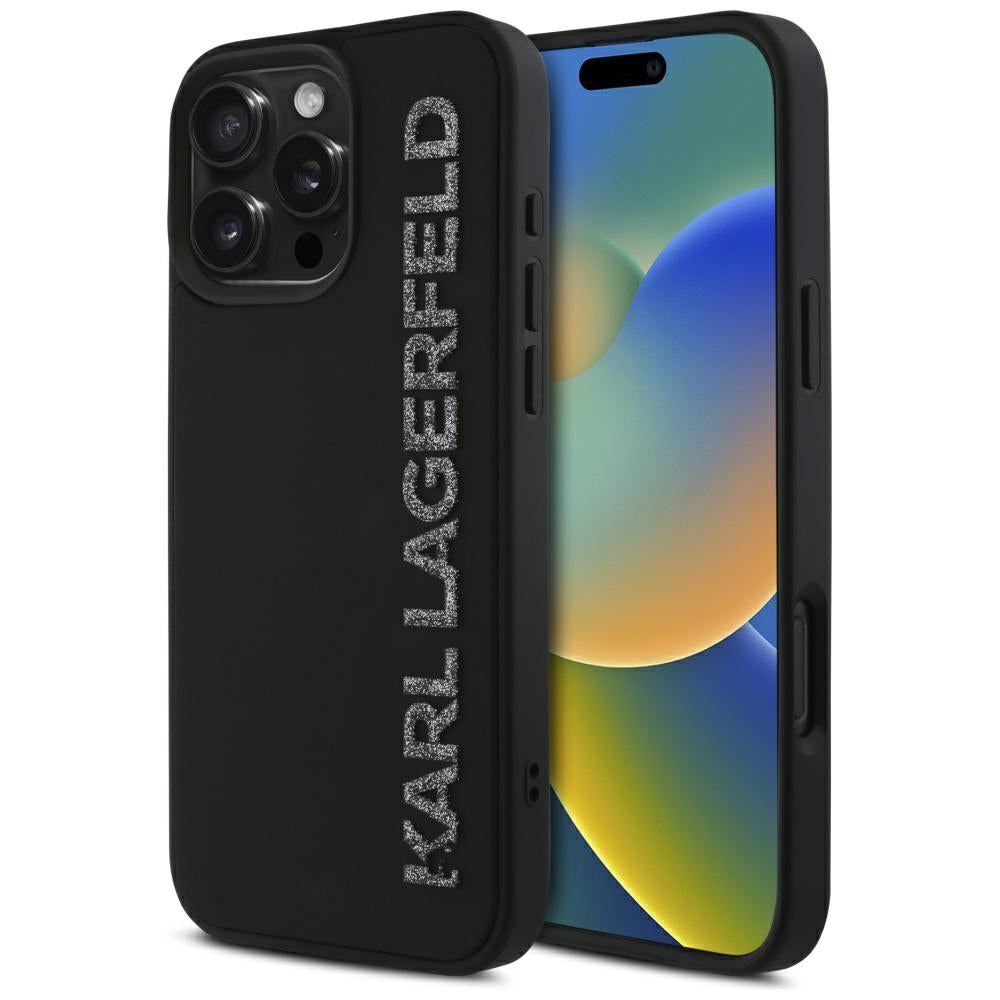 Housse pour Apple iPhone 16 Pro Max, Karl Lagerfeld, Logo Glitter Allongé en Caoutchouc 3D, Noire