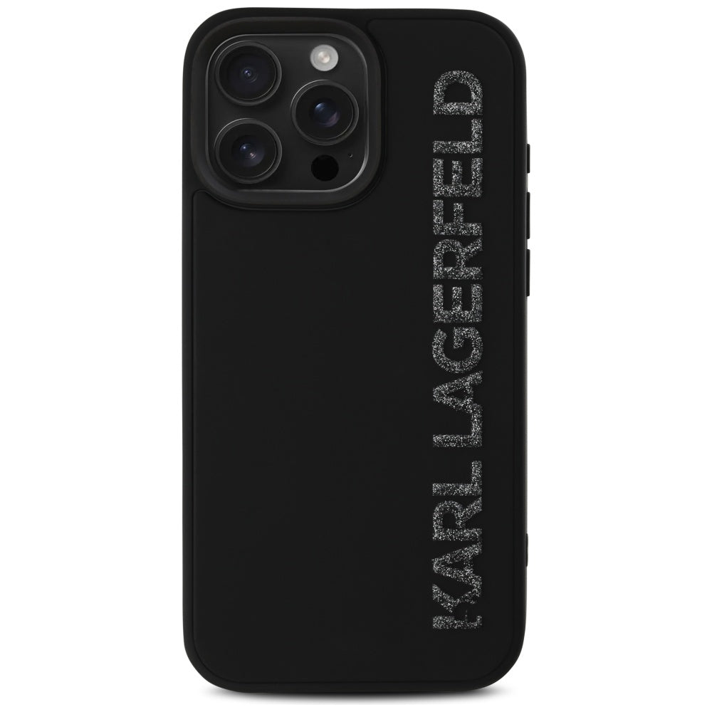 Housse pour Apple iPhone 16 Pro Max, Karl Lagerfeld, Logo Glitter Allongé en Caoutchouc 3D, Noire