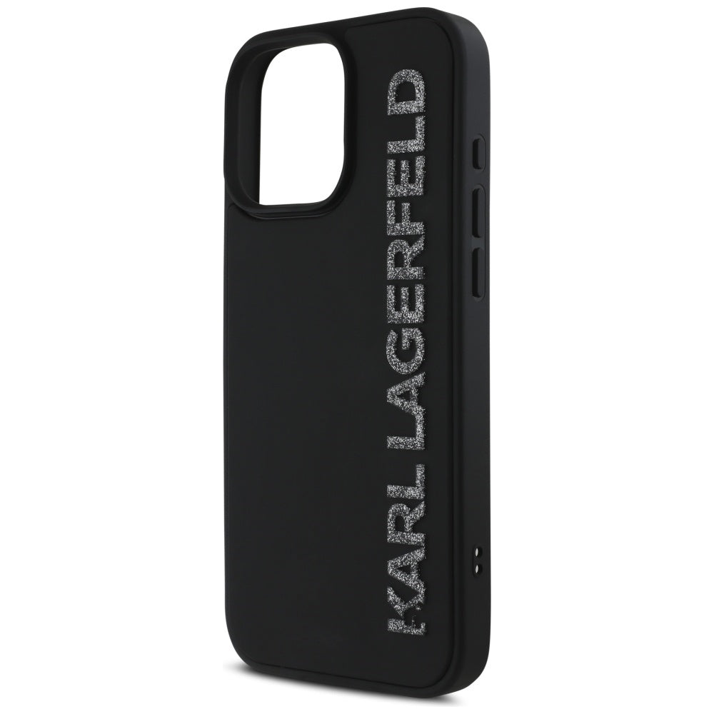 Housse pour Apple iPhone 16 Pro Max, Karl Lagerfeld, Logo Glitter Allongé en Caoutchouc 3D, Noire