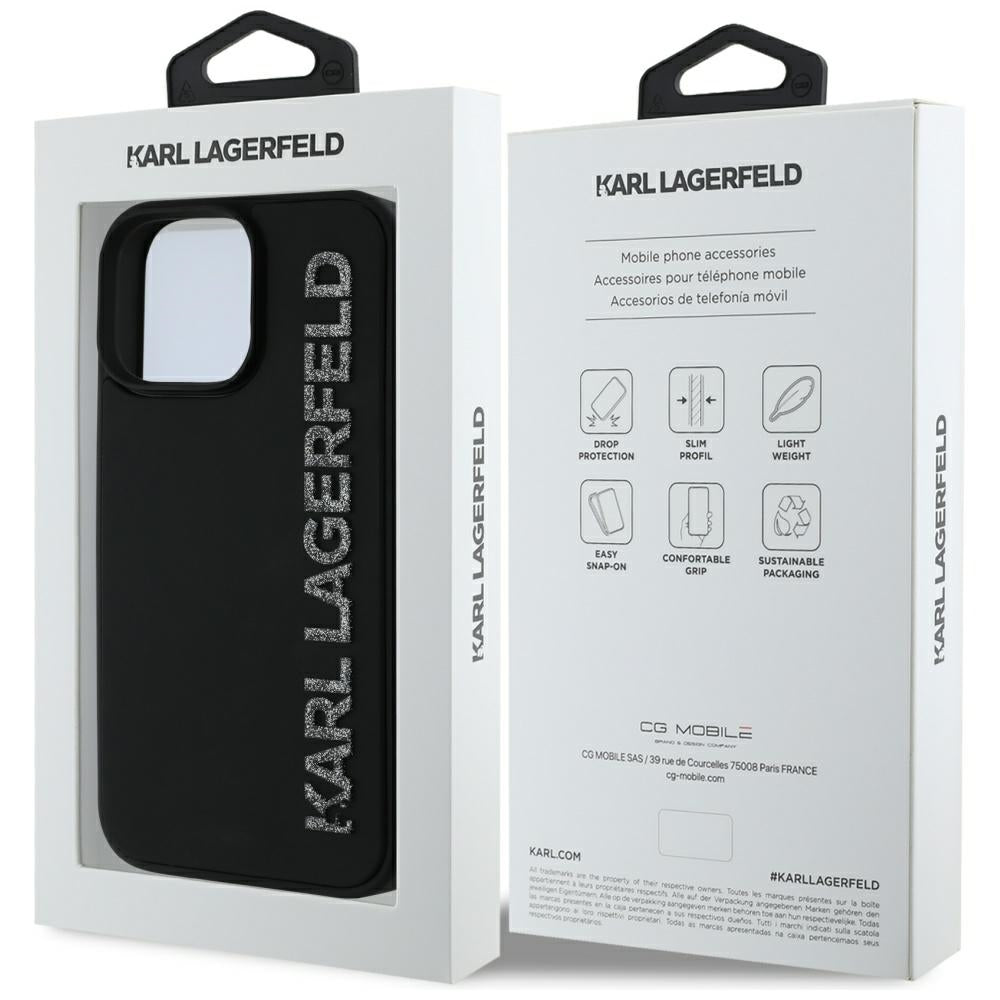 Housse pour Apple iPhone 16 Pro Max, Karl Lagerfeld, Logo Glitter Allongé en Caoutchouc 3D, Noire