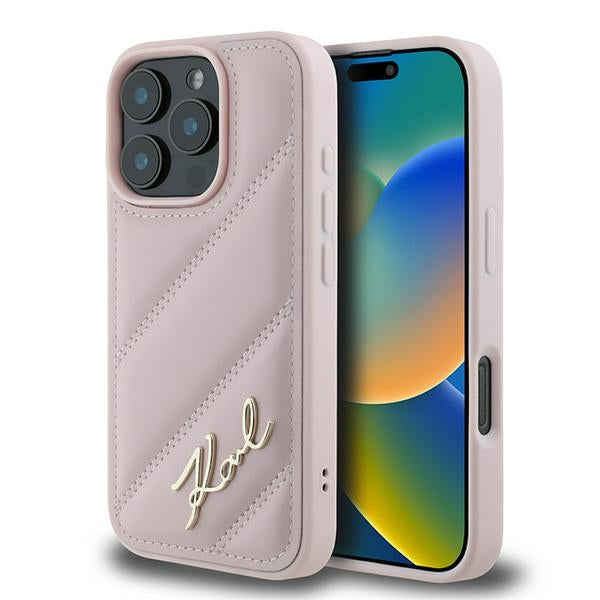Étui pour Apple iPhone 16 Pro Max, Karl Lagerfeld, Diagonal Quilted Script, Rose