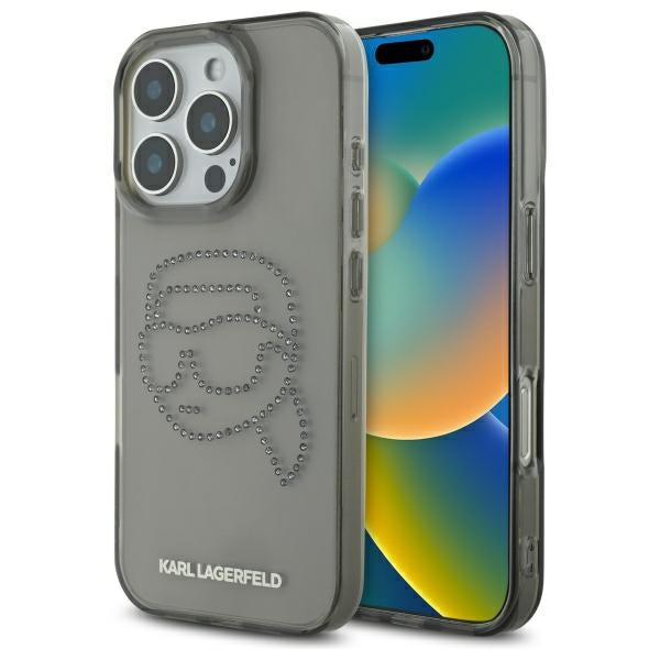 Étui pour Apple iPhone 16 Pro Max, Karl Lagerfeld, IML Rhinestones Karl's Head, Noir