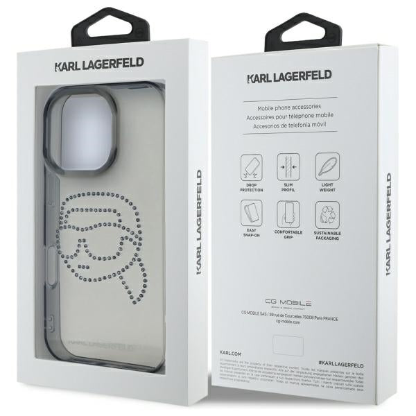 Étui pour Apple iPhone 16 Pro Max, Karl Lagerfeld, IML Rhinestones Karl's Head, Noir