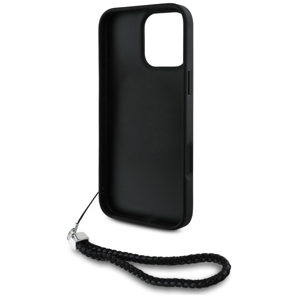 Housse pour Apple iPhone 16 Pro Max, Karl Lagerfeld, Logo Initial Matelassé & Bandoulière Chaîne, Noire