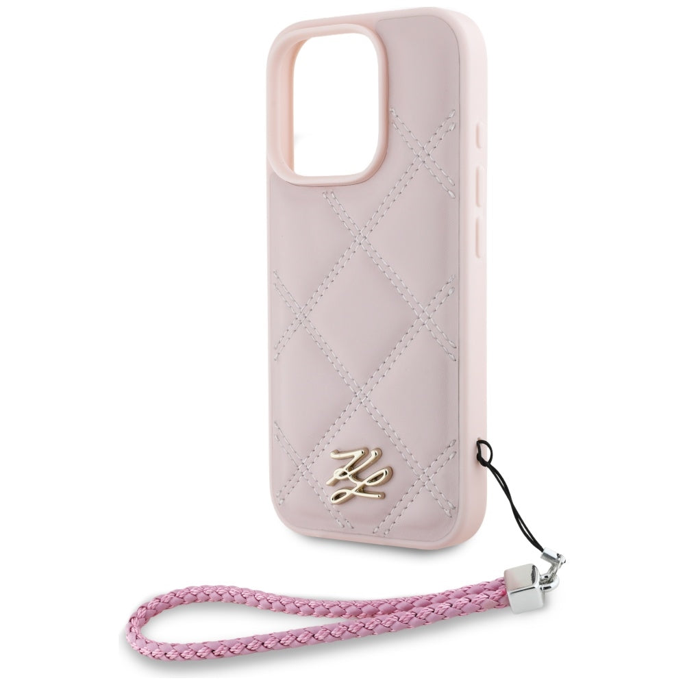 Étui pour Apple iPhone 16 Pro Max, Karl Lagerfeld, Logo Initial Matelassé & Bandoulière Chaîne, Rose