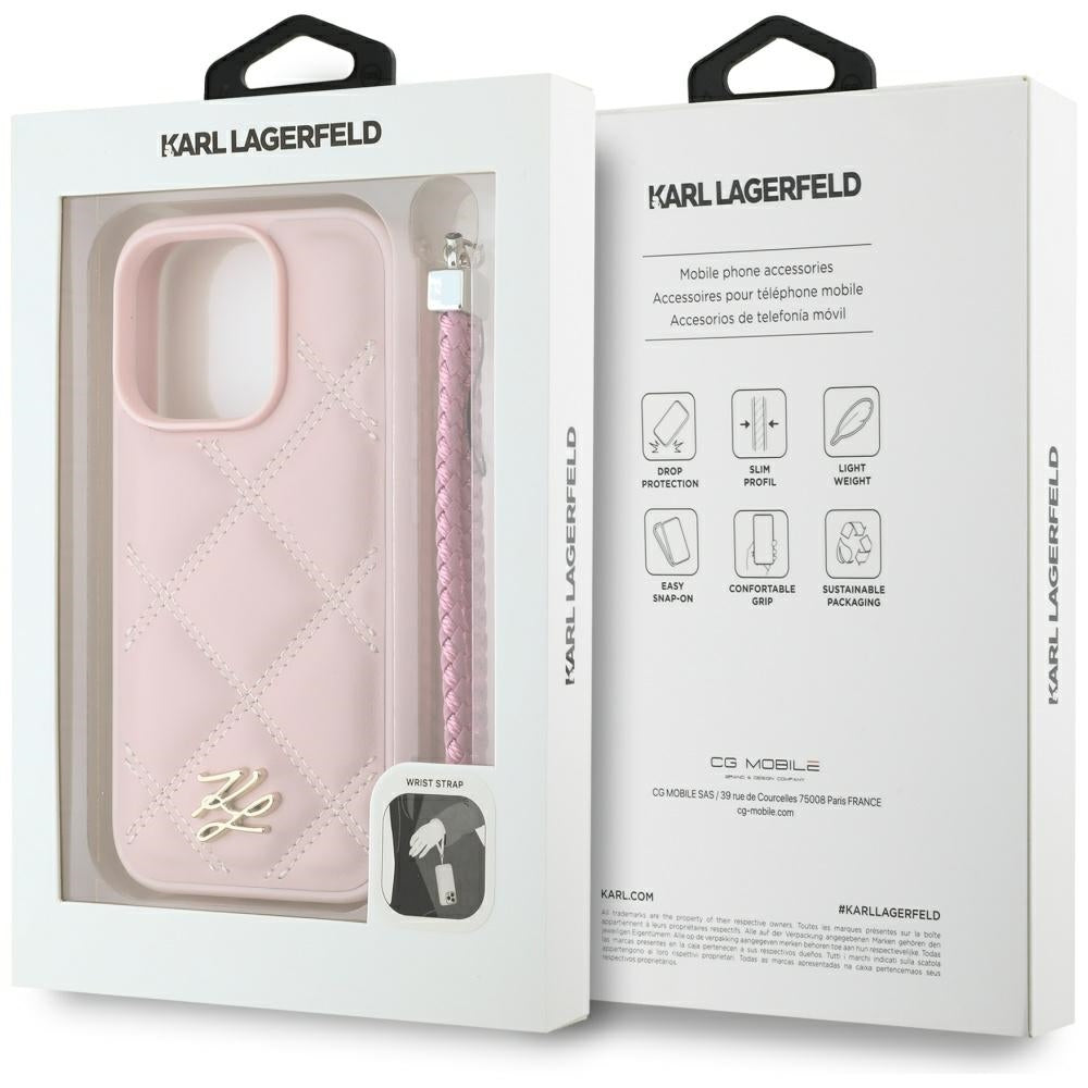 Étui pour Apple iPhone 16 Pro Max, Karl Lagerfeld, Logo Initial Matelassé & Bandoulière Chaîne, Rose