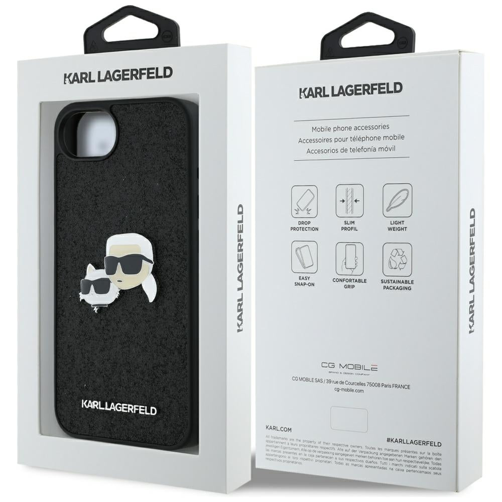 Étui pour Apple iPhone 17e / 16e, Karl Lagerfeld, Glitter Fixed Karl & Choupette's Heads, Noir