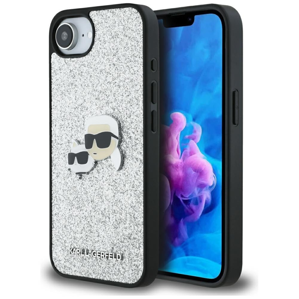 Housse pour Apple iPhone 17e / 16e, Karl Lagerfeld, Glitter Fixed Karl & Choupette's Heads, Argentée