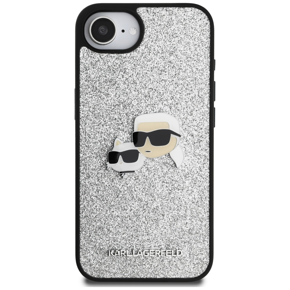 Housse pour Apple iPhone 17e / 16e, Karl Lagerfeld, Glitter Fixed Karl & Choupette's Heads, Argentée