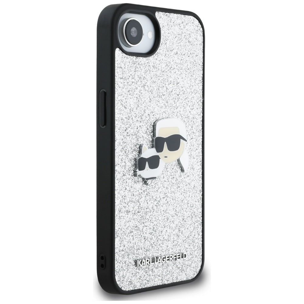 Housse pour Apple iPhone 17e / 16e, Karl Lagerfeld, Glitter Fixed Karl & Choupette's Heads, Argentée