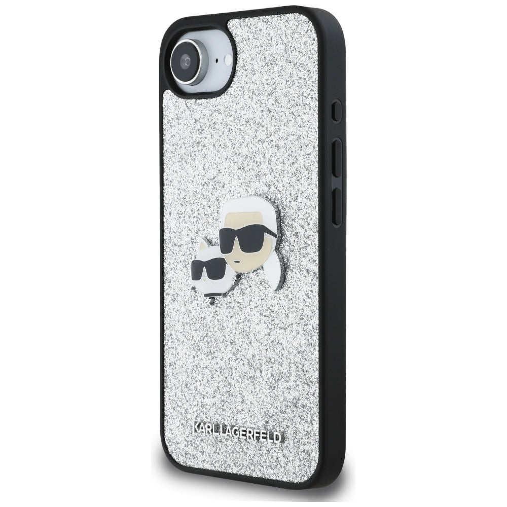 Housse pour Apple iPhone 17e / 16e, Karl Lagerfeld, Glitter Fixed Karl & Choupette's Heads, Argentée