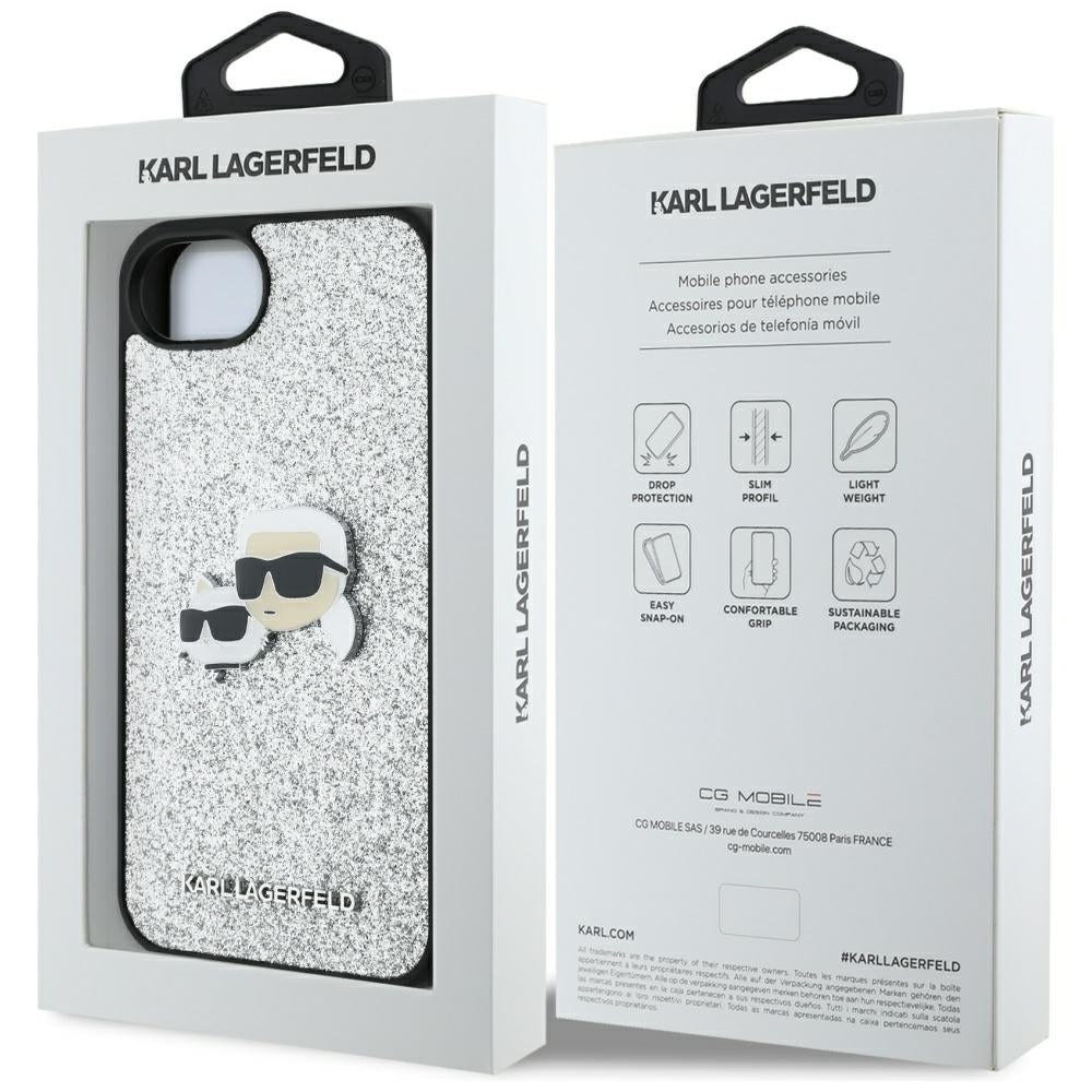 Housse pour Apple iPhone 17e / 16e, Karl Lagerfeld, Glitter Fixed Karl & Choupette's Heads, Argentée