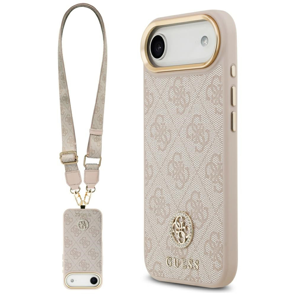 Étui pour Apple iPhone 17 Air, Guess, 4G Strass Logo et Grande Bandoulière, Rose