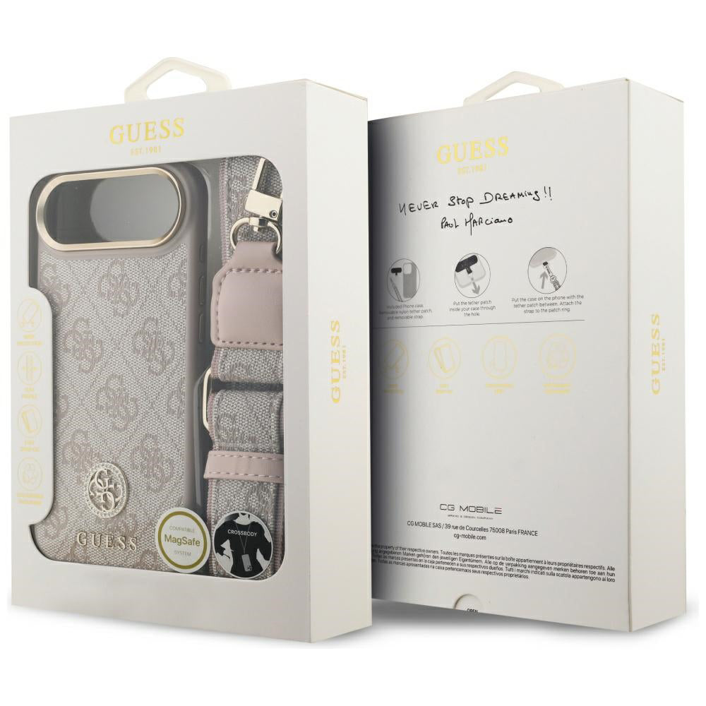 Étui pour Apple iPhone 17 Air, Guess, 4G Strass Logo et Grande Bandoulière, Rose