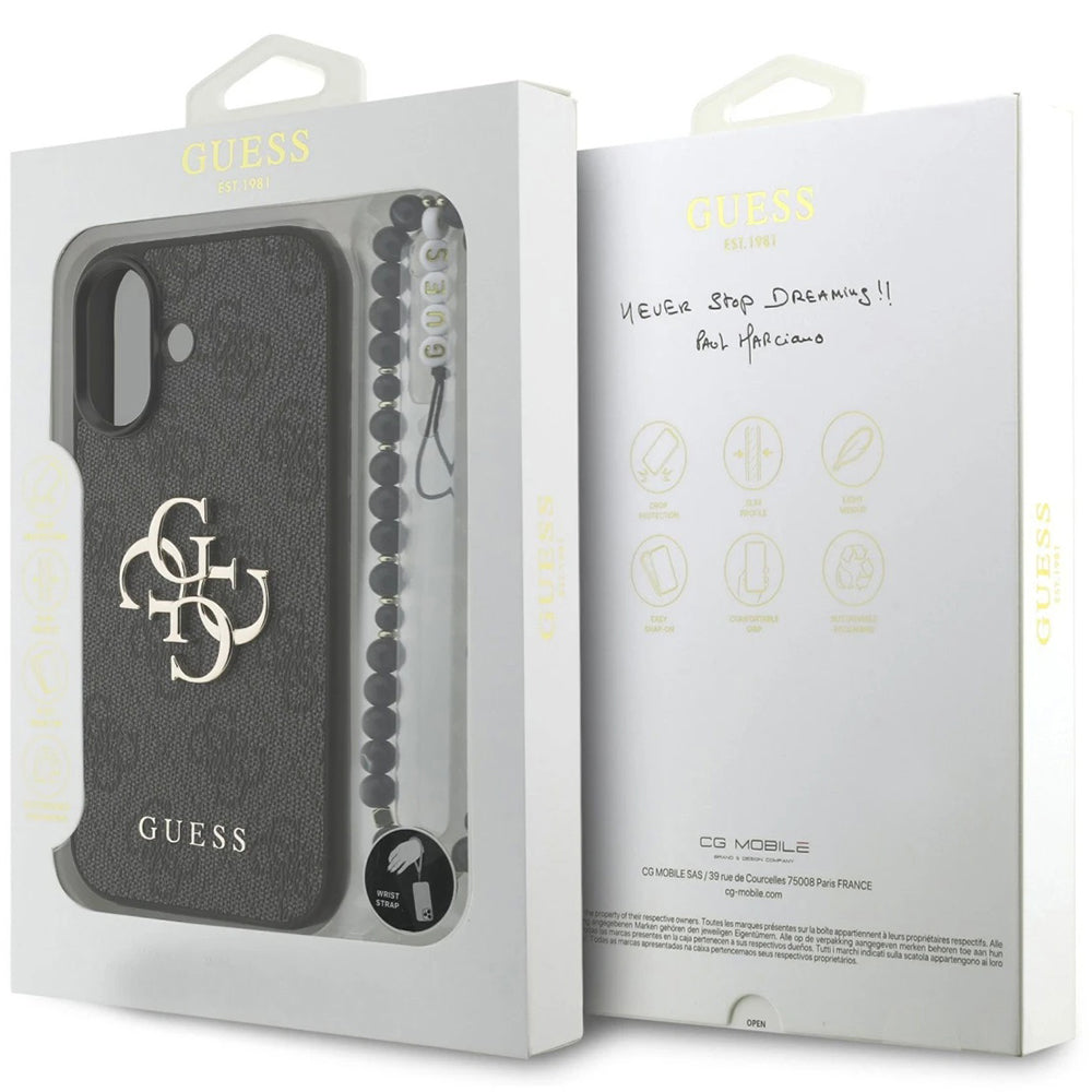 Étui pour Apple iPhone 17, Guess, 4G Classic Logo avec sangle, Noir