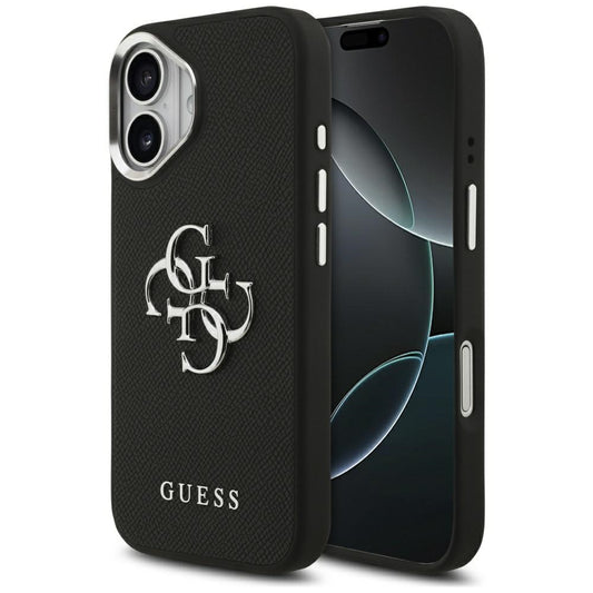 Étui pour Apple iPhone 17, Guess, 4G Grained Big and Classic Logo, Noir Argenté