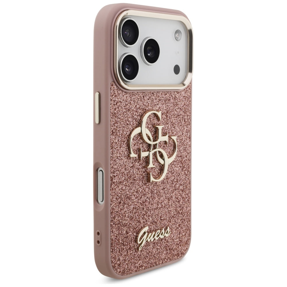 Étui pour Apple iPhone 17 Pro, Guess, Fixed Glitter Big 4G Metal Frame, Rose