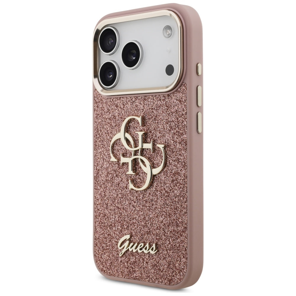 Étui pour Apple iPhone 17 Pro, Guess, Fixed Glitter Big 4G Metal Frame, Rose