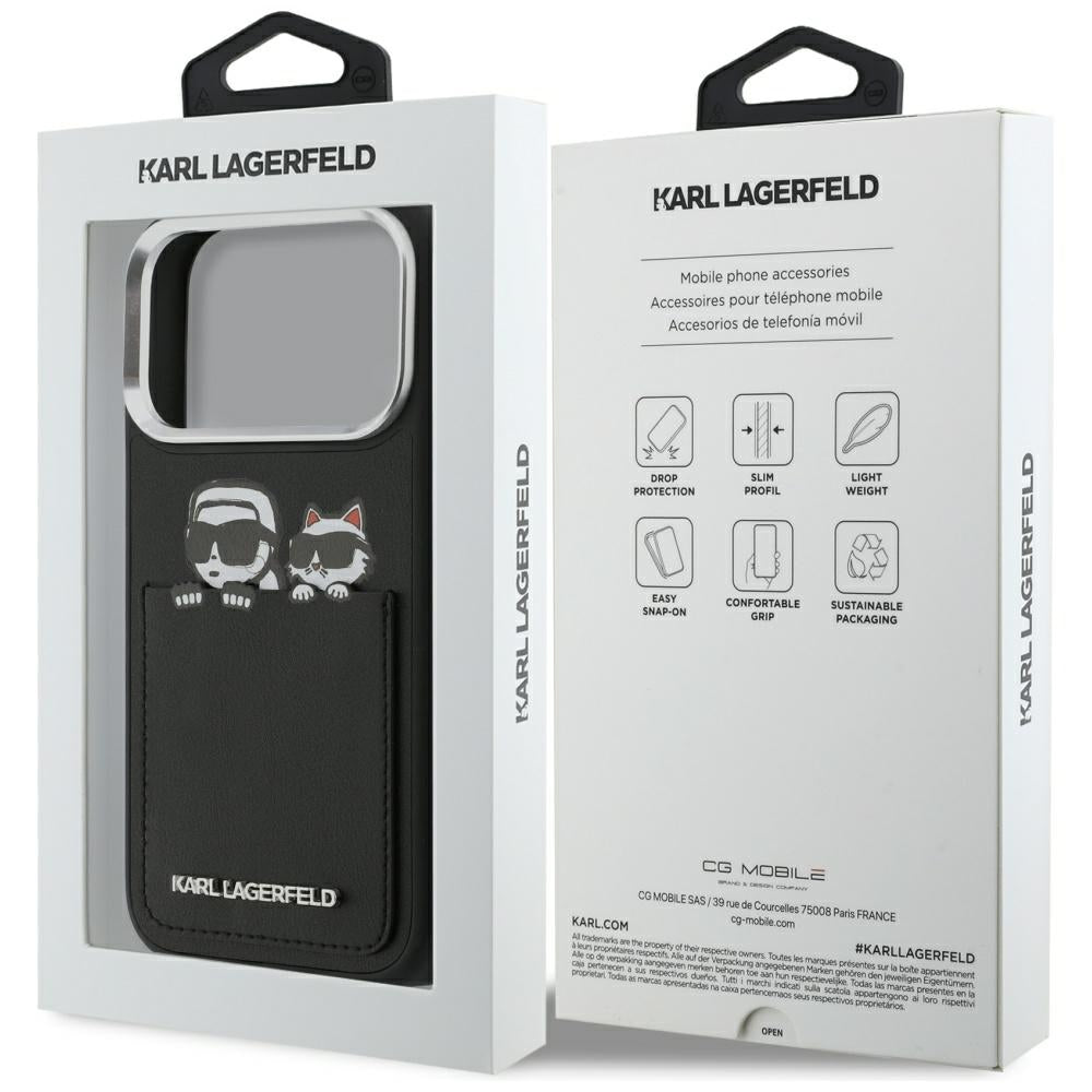 Étui pour Apple iPhone 17 Pro, Karl Lagerfeld, Impression Karl & Choupette avec poche, Noir