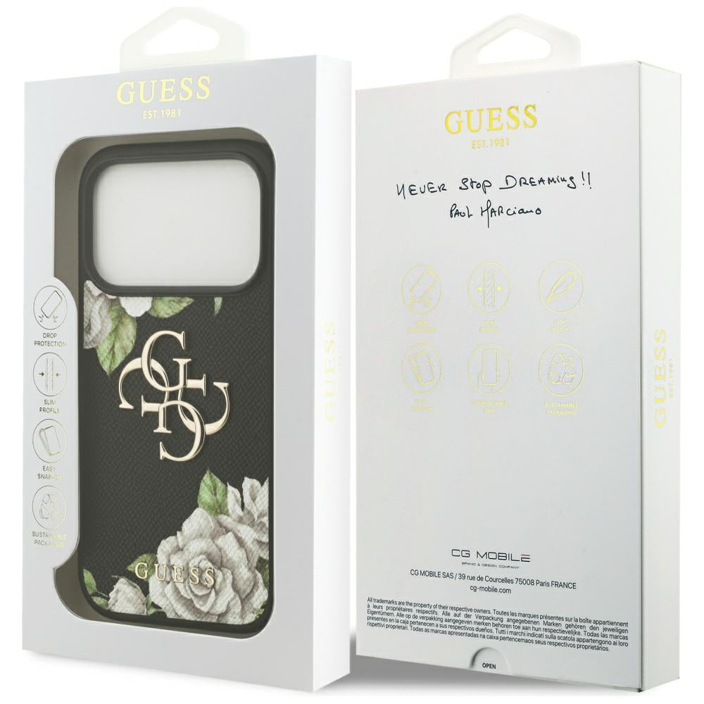 Étui pour Apple iPhone 17 Pro Max, Guess, 4G Grained Roses Big Logo, Noir