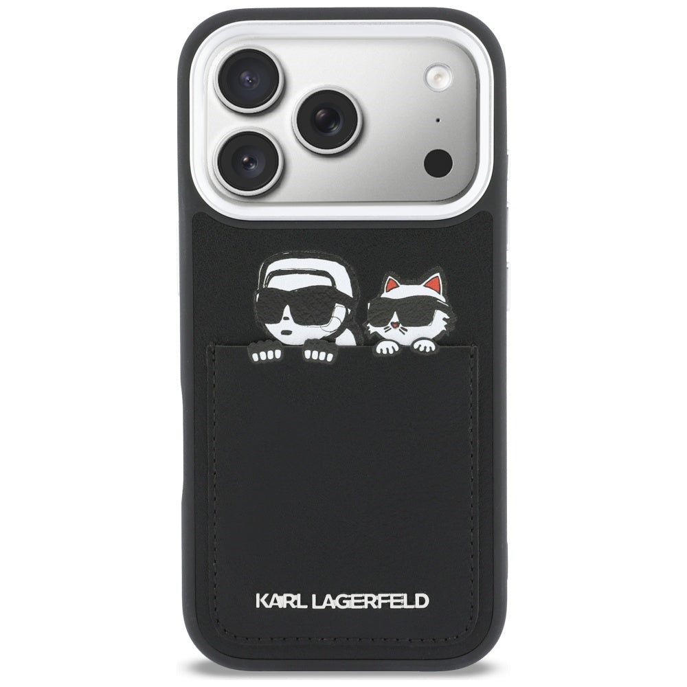 Étui pour Apple iPhone 17 Pro Max, Karl Lagerfeld, Impression Karl & Choupette avec Poche, Noir