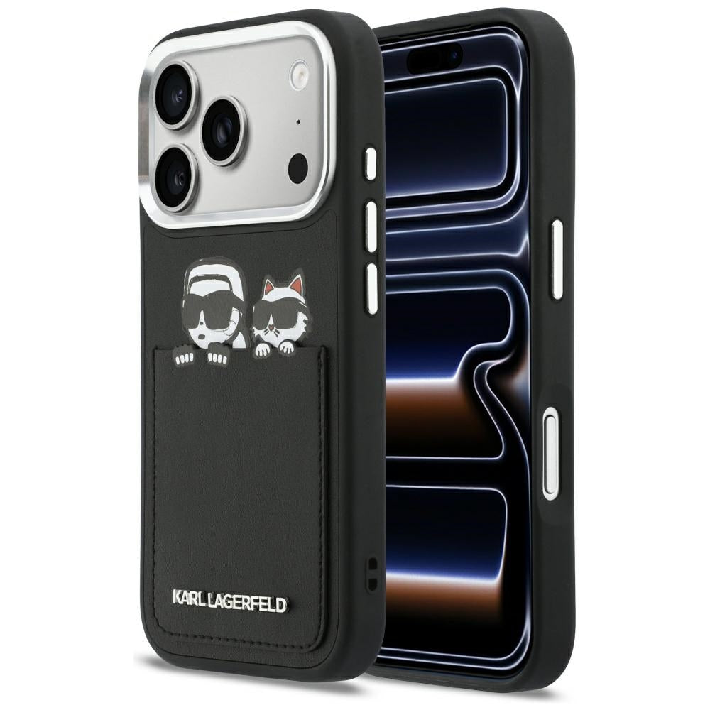 Étui pour Apple iPhone 17 Pro Max, Karl Lagerfeld, Impression Karl & Choupette avec Poche, Noir