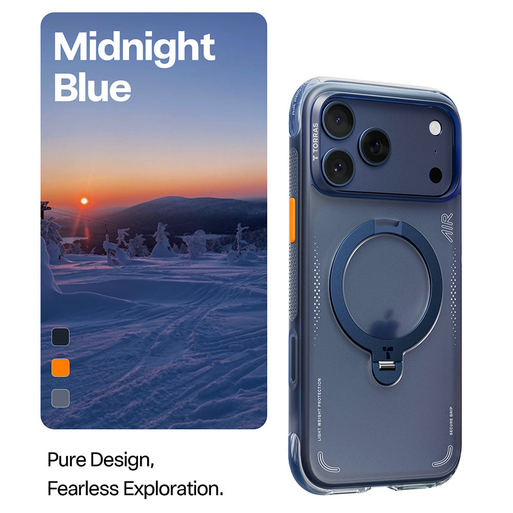 Coque MagSafe pour Apple iPhone 17 Pro, Torras, Ostand Spin Air, Bleue